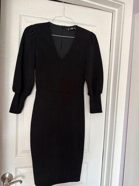 Mango Black Midi Dress | Size S | Puff Sleeve | Fitted Elegant